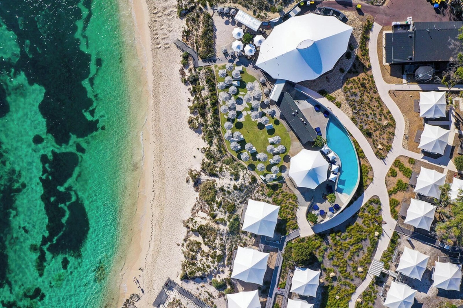 Aerial view of Discovery Resorts Rottnest Island beside Pinky Beach